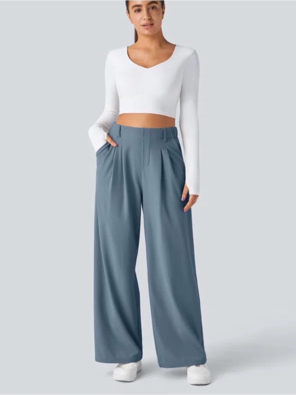 HALARA High-Rise Wide Leg Pants in Slate Blue Relaxed Comfy Fit Waffle Texture